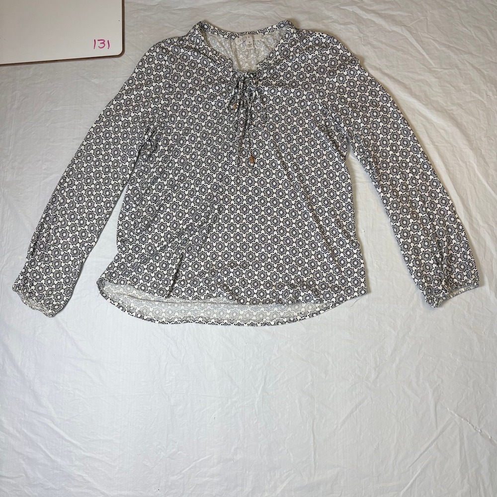 FEVER Women's Printed Long Sleeve Blouse‎ Tie Neck Ruffle Hem Size S